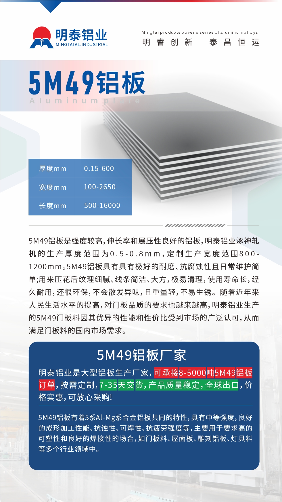 5M49鋁板是強度較高，伸長率和展壓性良好的鋁板，明泰鋁業涿神軋機的生產厚度范圍為0.5-0.8mm，定制生產寬度范圍800-1200mm。5M49鋁板具有具有極好的耐磨、抗腐蝕性且日常維護簡單;用來壓花后紋理細膩、線條簡潔、大方，極易清理，使用壽命長，經久耐用，還很環保，不會散發異味，且重量輕，不易生銹。 隨著近年來人民生活水平的提高，對門板品質的要求也越來越高，明泰鋁業生產的5M49門板料因其優異的性能和性價比受到市場的廣泛認可，從而滿足門板料的國內市場需求。
