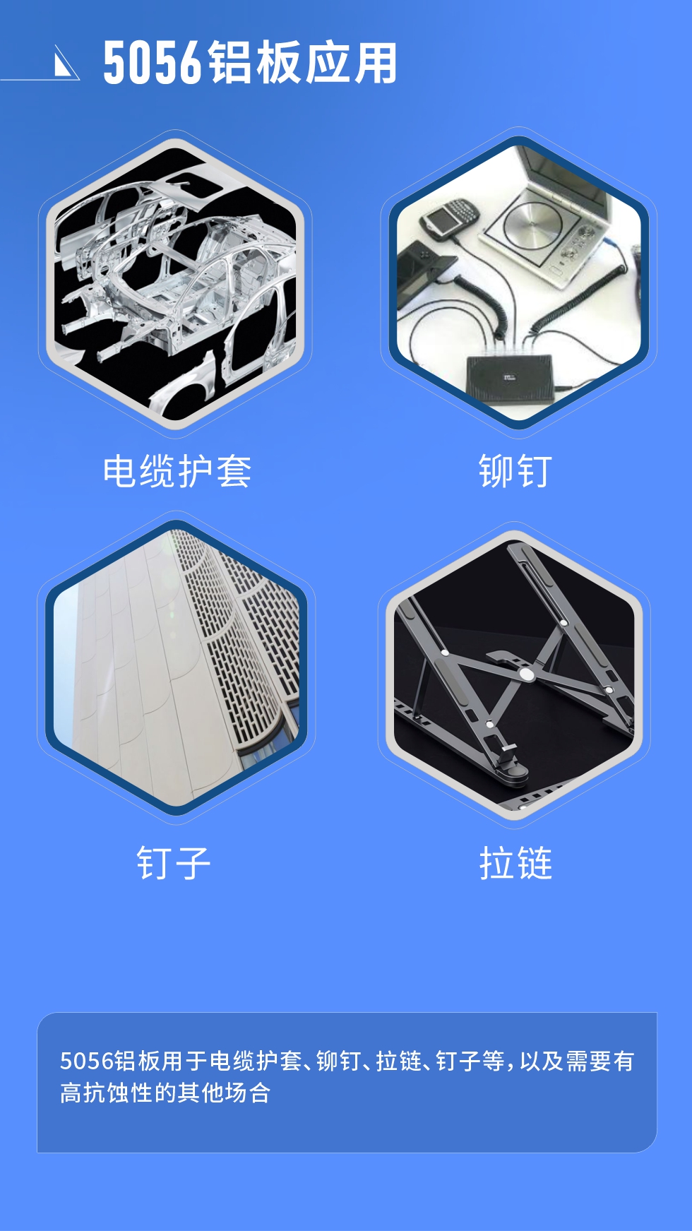 市場應(yīng)用
　　5056鋁板用于電纜護(hù)套、鉚釘、拉鏈、釘子等，以及需要有高抗蝕性的其他場合。
　　5056鋁板生產(chǎn)廠家
　　明泰鋁業(yè)支持定做，為用戶合理推薦更合理產(chǎn)品規(guī)格，并提供優(yōu)惠報價，讓您選購無憂。
　　明泰鋁業(yè)是一家集科研、加工、制造為一體的大型現(xiàn)代化鋁加工企業(yè)。公司可生產(chǎn)1-8系鋁板帶箔產(chǎn)品，規(guī)格齊全。