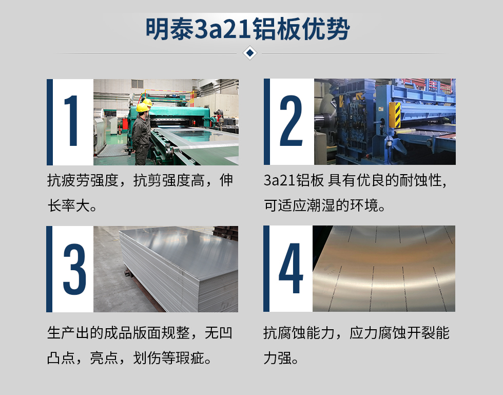 明泰3a21鋁板優勢
　　1、抗疲勞強度，抗剪強度高，伸長率大。
　　2、3a21鋁板 具有優良的耐蝕性,可適應潮濕的環境。
　　3、 生產出的成品版面規整，無凹凸點，亮點，劃傷等瑕疵。
　　4、抗腐蝕能力，應力腐蝕開裂能力強。